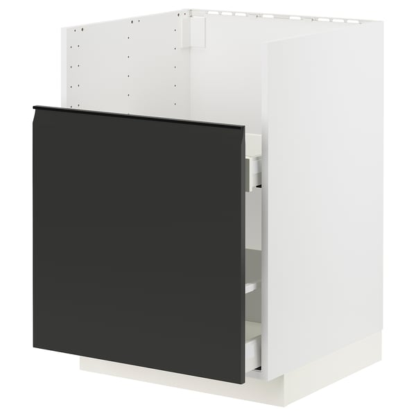Modular kitchen cabinet in black and white, modern design with integrated handle.