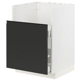 Modular kitchen cabinet in black and white, modern design with integrated handle.