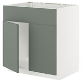 Modern grey-green kitchen cabinet with white base, featuring sleek, flat doors and minimalist design.