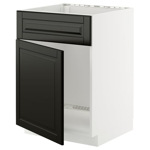 Modern white kitchen cabinet with black drawers, sleek design, sturdy frame.