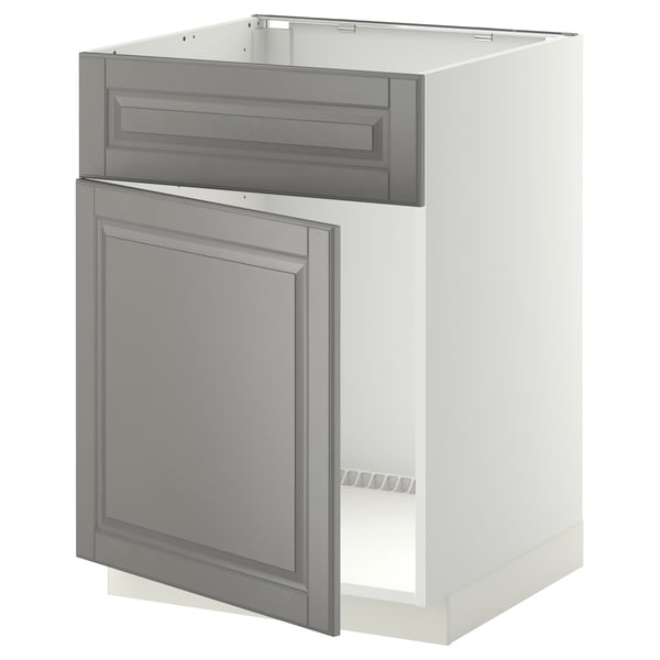METOD kitchen unit - soft grey, beveled edges, open drawer, white frame.