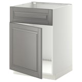 METOD kitchen unit - soft grey, beveled edges, open drawer, white frame.