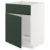 Flat-pack METOD kitchen unit in white with dark green door, rectangular shape.