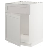 An ikea METOD kitchen cabinet with a light gray lerhyttan front. It a sturdy frame, beveled edges, and snap-on hinges.