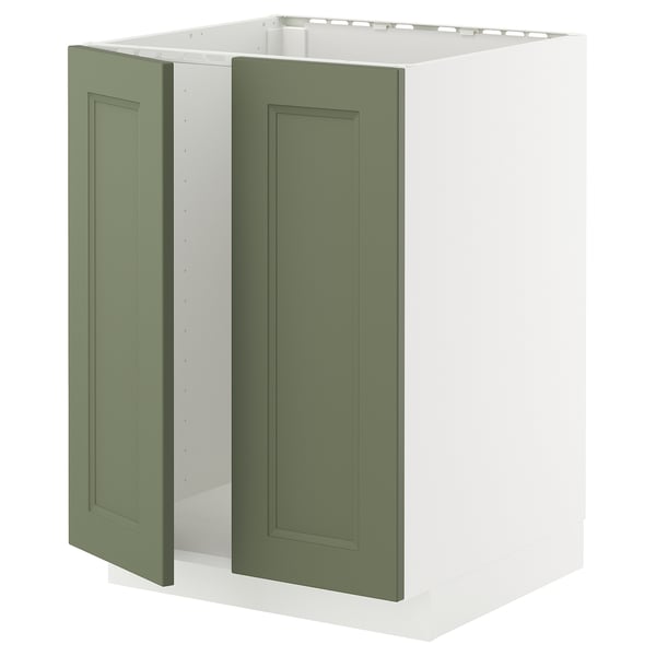 A METOD kitchen cabinet with green doors and a white frame. The green doors are slightly open.