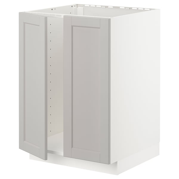 This image shows an ikea METOD kitchen cabinet in light grey with beveled edges, framed design, and made from birch and particleboard.