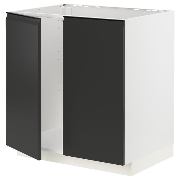 Ikea METOD kitchen cabinet in white with black doors, modern design.