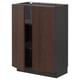 A dark brown METOD kitchen cabinet with oak veneer and solid wood edging. It two open doors revealing shelves inside.