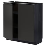 METOD kitchen cabinet in black with two open doors revealing shelves, modern design.