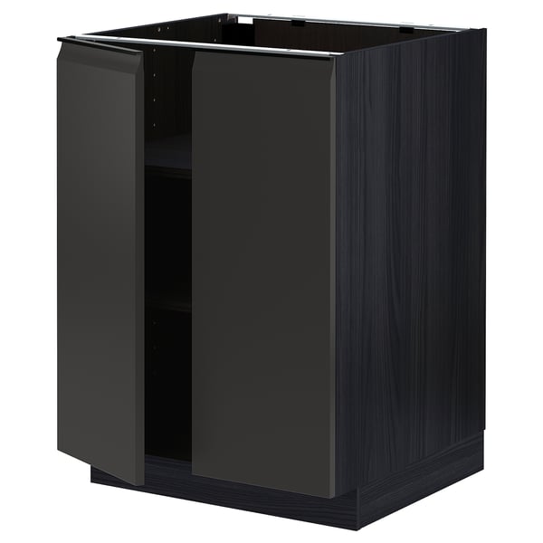 Modern black kitchen cabinet with sleek design and adjustable shelves.