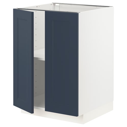 Blue METOD kitchen cabinet with two open doors, white interior, rectangular shape, modern design.