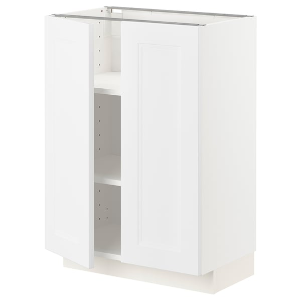 A white METOD kitchen cabinet with one open door revealing an empty shelf inside. The cabinet is rectangular and has a smooth finish.