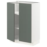 White cabinet with green-gray doors, open showing shelves.