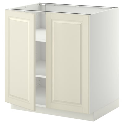 METOD kitchen unit in off-white with bevelled doors, boxy shape, sturdy particleboard frame, adjustable shelves, classic design.