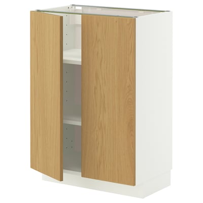 METOD cabinet with white base and light wood doors. Two doors open to reveal adjustable shelves.