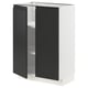 Modern kitchen cabinet in white with matte black doors, adjustable shelves, and sleek handle-less design.
