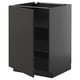 Modern black kitchen cabinet with adjustable shelves, sleek design, and nickel hinges.