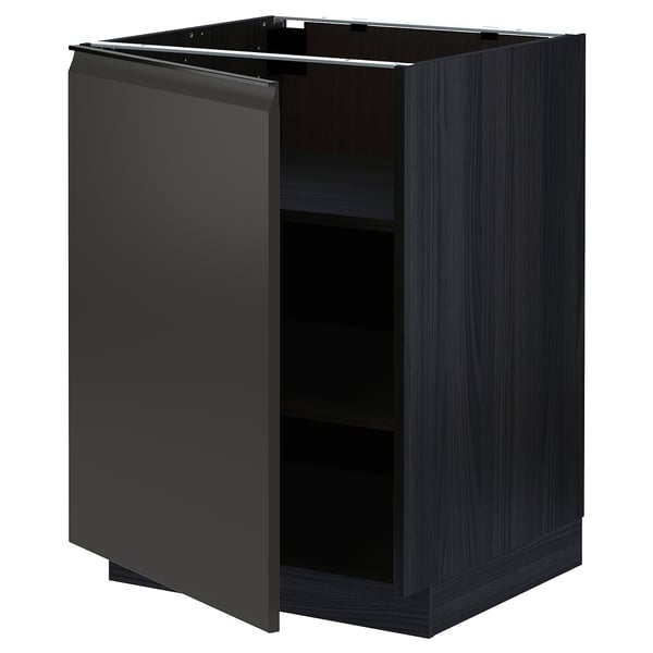 Modern black kitchen cabinet with open left side, flat surfaces, and clean design.
