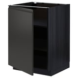 Modern black kitchen cabinet with open left side, flat surfaces, and clean design.