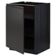 Modern black kitchen cabinet with open left side, flat surfaces, and clean design.