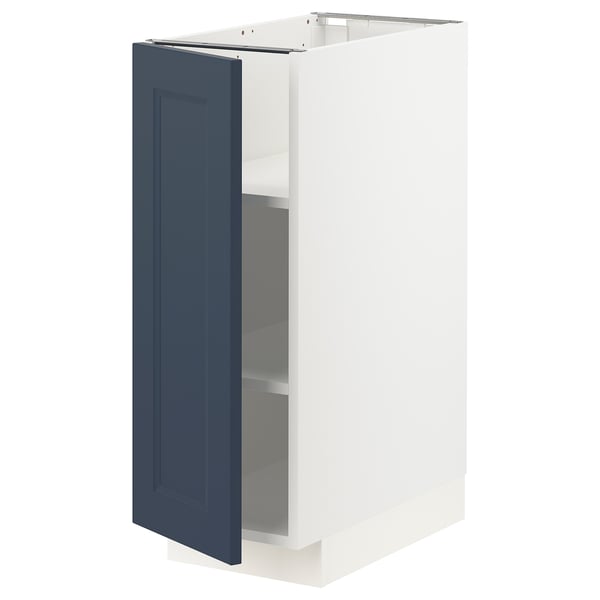 A METOD kitchen cabinet with a blue axstad door, featuring a sleek design with adjustable shelves.