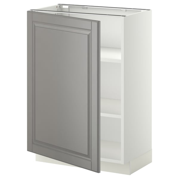 White and grey kitchen cabinet with single door, adjustable shelves, and beveled edges.