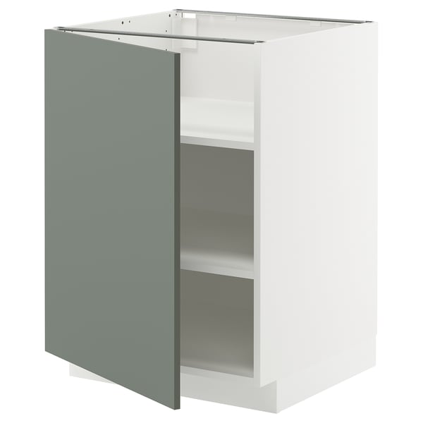 Modern METOD kitchen cabinet with matt grey-green fronts, two shelves, adjustable shelves, sleek design.
