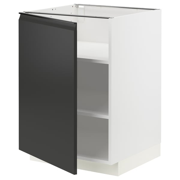 A white METOD kitchen cabinet with a black door, featuring a modern design with minimalist handles.
