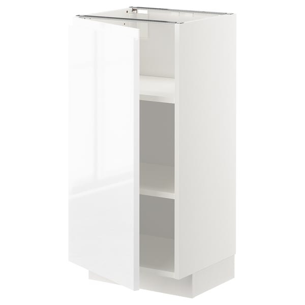 White METOD kitchen cabinet, glossy finish, square shape, with open shelf and adjustable interior.