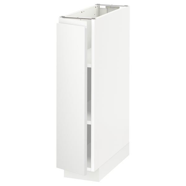 A METOD kitchen cabinet in white with a sleek, minimalist design featuring a tall, rectangular shape with a handle-less door.