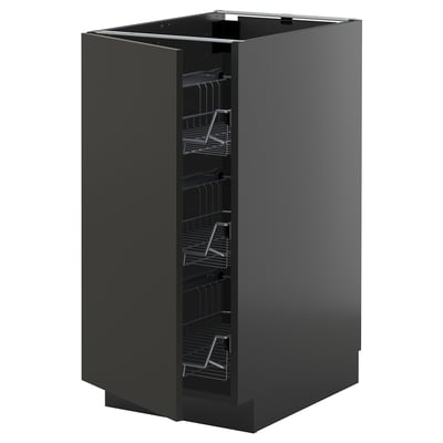 METOD black kitchen cabinet, glossy finish, square shape, with wire baskets.