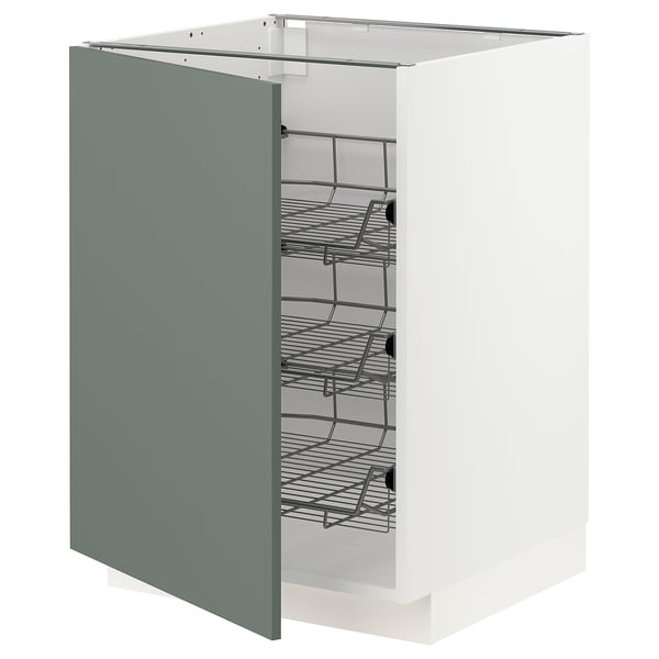 A METOD kitchen cabinet in white with blue-green doors, featuring multiple wire shelves.