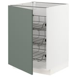 A METOD kitchen cabinet in white with blue-green doors, featuring multiple wire shelves.