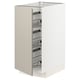 A white METOD kitchen cabinet with beige stensund fronts, featuring multiple pull-out wire baskets for storage.