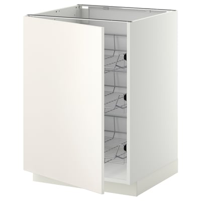A white METOD base cabinet from ikea with multiple wire shelves and a reversible door.
