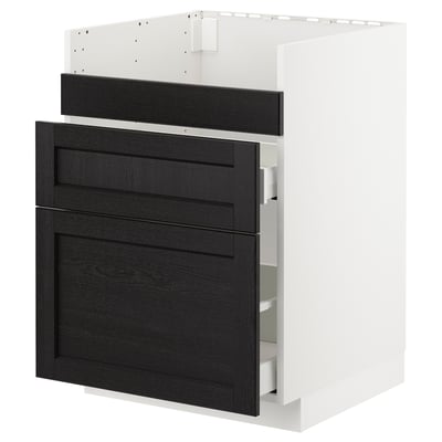 Modern kitchen cabinet, white and black, flat panel design, wooden fronts, three drawers, classic look.