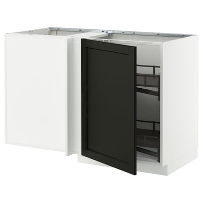 Modern white kitchen units with black stained ash doors and beveled edges, one door open revealing shelves.