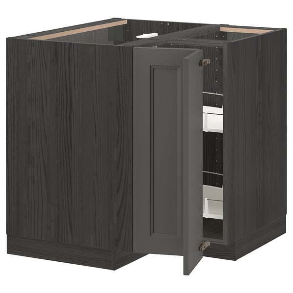 IKEA METOD black cabinet, dark grey wood, modern design, two-door corner unit with shelves.