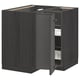 Black wooden kitchen corner unit with open doors revealing inner shelves.