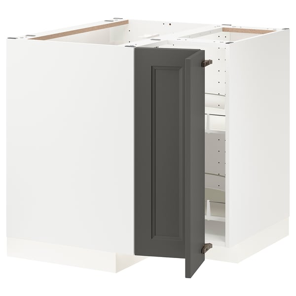 Dark grey IKEA METOD kitchen corner unit with white frame, flat doors, and shelves.