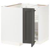 Dark grey IKEA METOD kitchen corner unit with white frame, flat doors, and shelves.