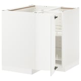 White METOD kitchen cabinet set. Square shape with open door, showing shelves. Made of fibreboard and plastic foil.