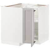 METOD kitchen cabinet, white with light gray doors, wooden and particle board construction, open shapes with adjustable shelves.
