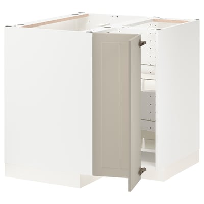 Displays a white METOD kitchen cabinet set with beige doors and internal shelves.
