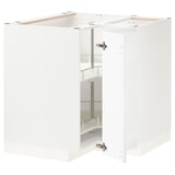 White modern kitchen cabinet set with glass shelves, metal hinges, and integrated handles.