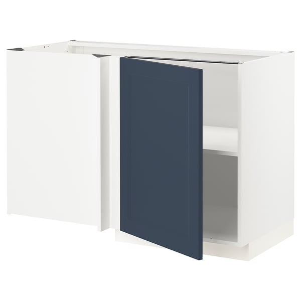 Modern white kitchen island with blue hinge door, adjustable shelf, rectangular shape.