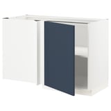 Modern white kitchen island with blue hinge door, adjustable shelf, rectangular shape.