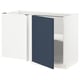 Modern white kitchen island with blue hinge door, adjustable shelf, rectangular shape.
