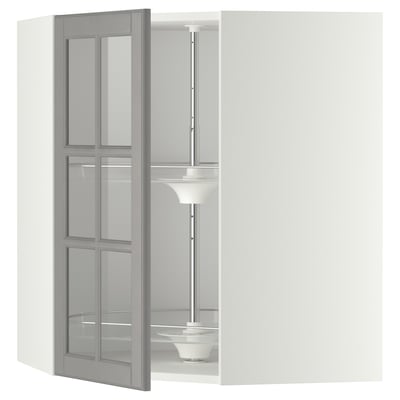 Modern glass-paneled kitchen cabinet in gray with adjustable shelf and stylish design.