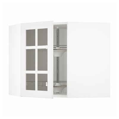 Open white METOD kitchen cabinet with glass doors revealing storage shelves.